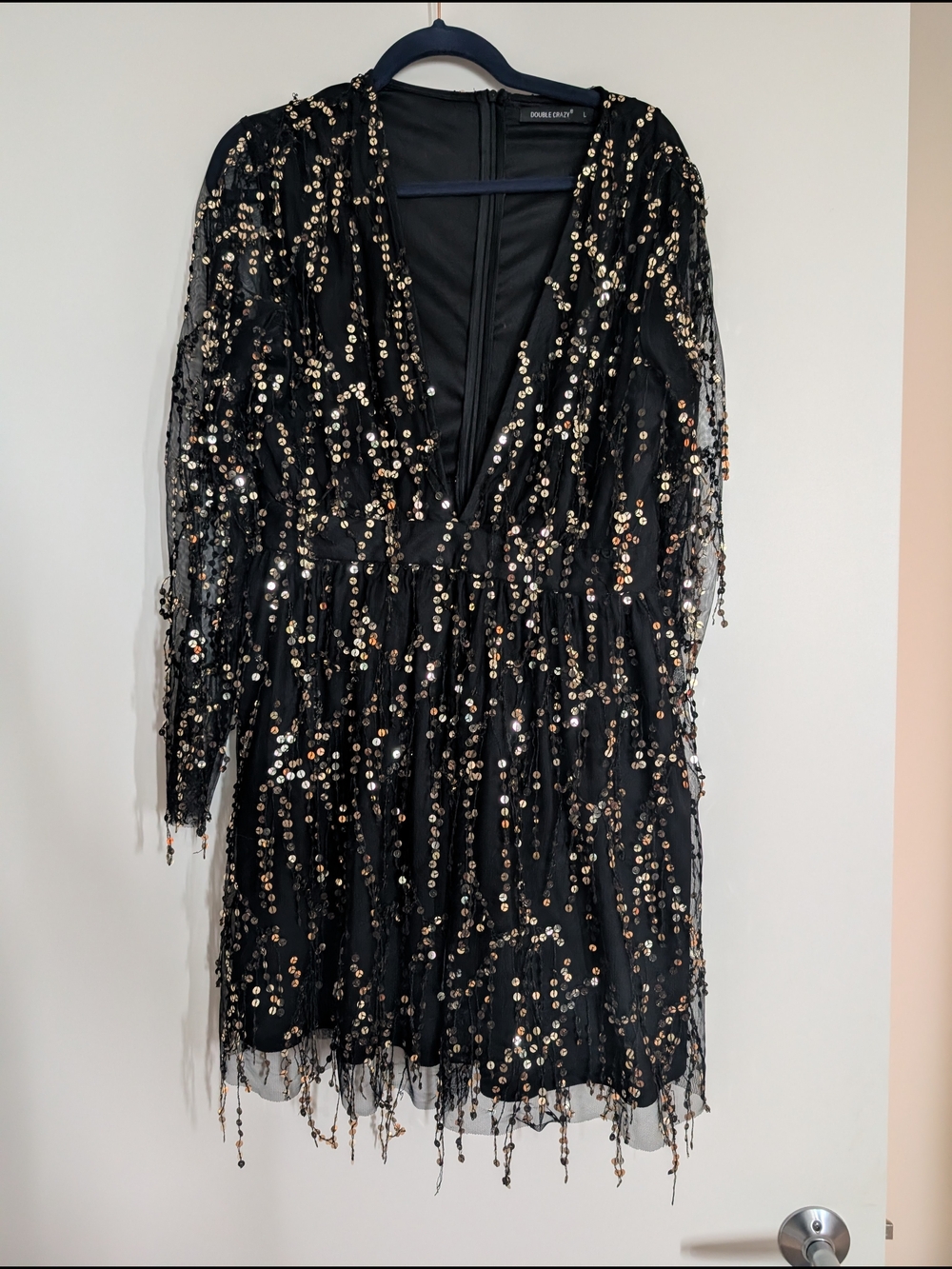 Black Dress With Gold Sequins Deep Plunge V-Neck Party Dress